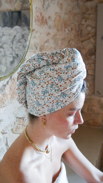 Serviette à cheveux plopping - fleurs bleues - Trinquette Atelier